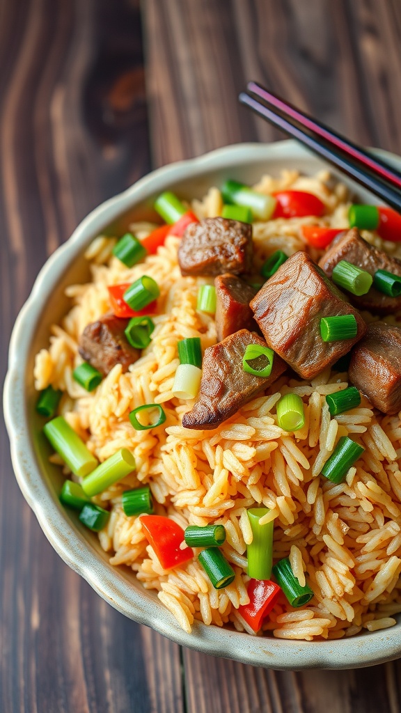 A bowl of savory pork fried rice filled with vegetables and garnished with green onions on a rustic table.